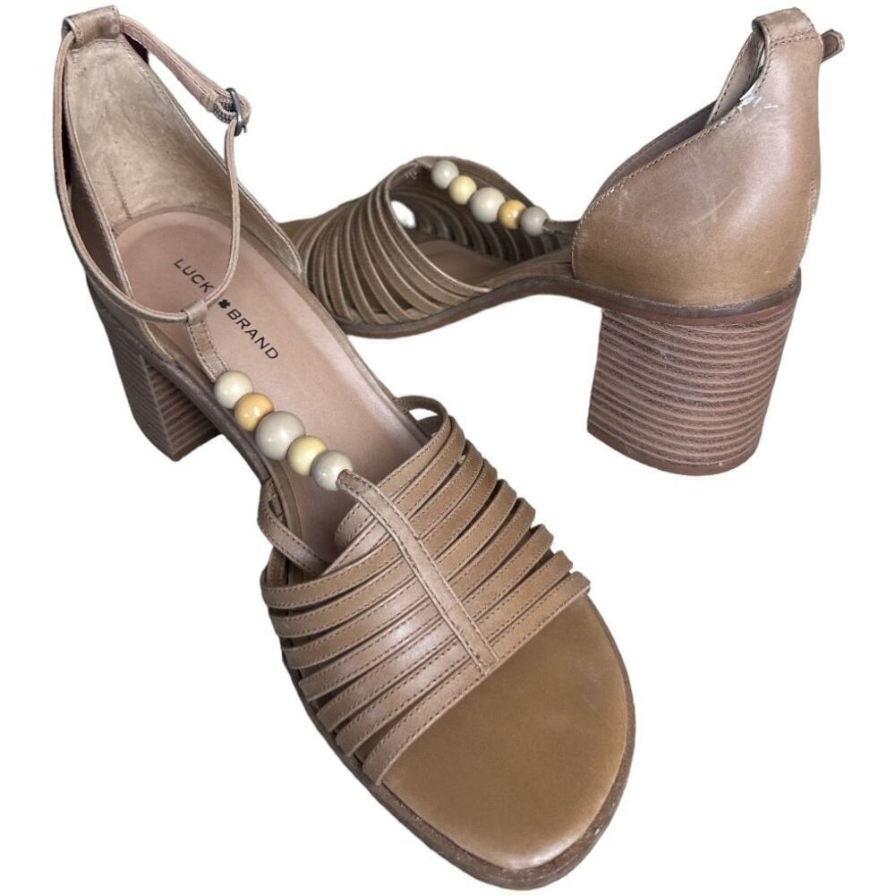 Lucky Brand Tan Leather Beaded T-Strap Block Heel Sandals Women's Size 8.5